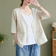 ジャケット ノーカラー レディース 春夏 綿麻風 テーラードジャケット 半袖 トップス 大きいサイズ ゆったり 体型カバー 半袖ジャケット カーディガン