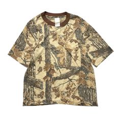 【L】古着 90s リアルツリー Tシャツ リンガーネック リンガーT 迷彩 シングルステッチ カモフラ ベージュ