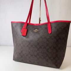 ✨B rank　COACH　トートバッグ　tote bag　シグネチャー　Signature　大容量　A4　通勤　ビジネス　ブラウン　red　茶　PVC　レザー 5696　「5EL」