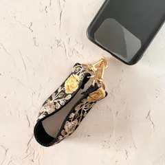 インド刺繍リボン スマホストラップ ハンドストラップ ブラックイエロー 薔薇