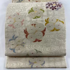 袋帯 美品 秀品 桜 流水 唐織 箔 クリーム 六通 正絹 【中古】