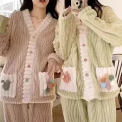 当店一番人気👑ふわもこカーディガンルームウェア 可愛い×あったかのご褒美セット【ピンク】【グリーン】パジャマ ジェラートピケ 無印良品 ユニクロ ＧＵ しもむら 上下セット あたたかい 暖かい