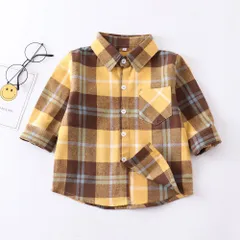 ☆ ブラウン×イエロー ☆ 120cm ☆ シャツ lykidche3 ネルシャツ キッズ 子供 こども 子ども ジュニア 長袖 長そで チェックシャツ 秋 冬 男の子 女の子 襟付き シャツ 子供服 子ども服 可愛い かわいい カワイイ トップス 起毛