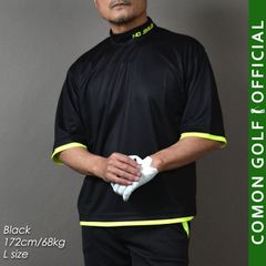 新品【COMONGOLF/コモンゴルフ】ボックスシルエットフェイクレイヤードカラー切替半袖モックネックゴルフシャツ/ブラック(CG-HT5005S)ゴルフウェア 春夏 春秋 ストレッチ DRY素材 サイドスリット BIGシルエット トップス ポロシャツ