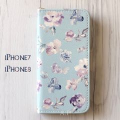 iPhone7 iPhone8 ケース 手帳型★花柄 フラワー ライトブルー