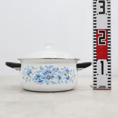 ◆昭和レトロ/当時物！ 両手鍋 20cm｜ホーロー鍋 花柄｜  ガラス蓋つき｜  ■P1248