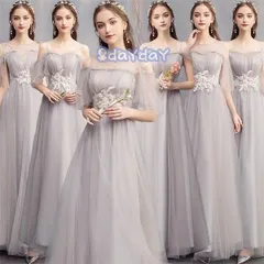 ブライズメイド ドレス グレー ピアノ発表会 パーティードレス 大人 袖付き レディース ロング丈 結婚式 二次会 ２次会 謝恩会 披露宴 同窓会 女子会 総レース