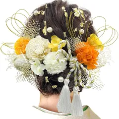 [JZOON] 髪飾り 成人式 髪飾り 9色 ドライフラワー 造花飾り 水引 紐 ヘアーアクセサリー 和玉 かすみ草 金箔 人気 和服 着物 振袖 袴 花 浴衣 成人式 七五三 結納 卒業式 入学式 結婚式 発表会 オレンジ T1308