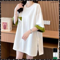 オーバーサイズTシャツチュニックtシャツ 韓国風半袖Tシャツ クルーネックカットソー ゆったりプルオーバー 楽ちん体型カバーTシャツワンピースロゴ 大人カジュアル ゆるTシャツ着やせ 二の腕カバー 夏服 ルーズTスリット入