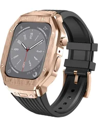 ★[TALENANA] for Apple Watch バンドとケースと背面ケースの3in1一体型デザイン  一体型バンド Apple Watch Series 9/SE/8/7/6/5/4対応(45mm/44mm，ローズゴールドケースとブラックベルト)