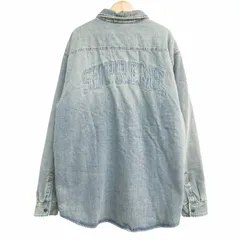 シュプリーム SUPREME タグ付き 24FW faux shearling lined work shirt フォークスシアリングラインドワークシャツ デニムシャツ ジャケット 裏地ボア バックロゴ アップリケ Lサイズ インディゴのサムネイル