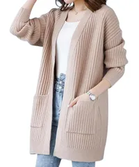 [Elixio] [エリクシオ] カーディガン ロングカーディガン ニット あったか 羽織り レディース ロング トップス モコモコ 厚手 Vネック 秋冬 冬 ミドル丈 リブ編み 体型カバー (JP, アルファベット, M, ベージュ) [ベージュ] [M]