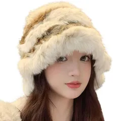 YMSTco ファー 帽子 レディース ラビットファー もこもこ ふわふわ 可愛い プラッシュ バケットハット 暖か 秋冬 厚手 ニットキャップ(ブラウン,  Free Size)