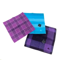 未使用品 BURBERRY  バーバリー  タオルハンカチ 3枚   パープル×ブルー チェック ストラップ コットン100％ レディース　240001150927