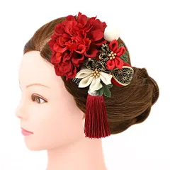 髪飾り 成人式 つまみ細工 赤 振袖 前撮り 袴 浴衣 夏祭り 花火大会 豪華3点セット 白 ゴールド ちりめん 房付き 玉飾り 麻の No.9-4193