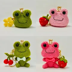 ハンドメイド　がま口　口金　にこにこかえるキーホルダー　あみぐるみ　いちご　桜