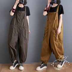 サロペット オーバーオール レディース サロペットパンツ オールインワン ビッグシルエット ロング丈 パンツ ボトムス 絞り裾 無地