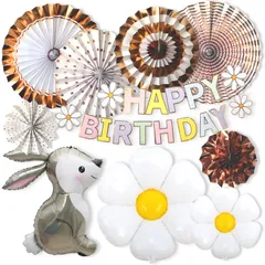 誕生日 飾り付け バースデー バルーン パーティー 動物風船 ウサギ デイジーフラワー 花 お祝い ナチュラル風 記念日 子ども ペーパーファン ガーランド 室内装飾 デコレーション セット (ローズゴールド)