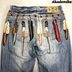 Akademiks デニムパンツ ジーパン ジーンズ NATIVE WARRIORS ネイティブ刺繍 フェザー 羽根 イーグル Dカン W34 インディゴブルー 青系 アカデミクス