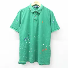 XL/古着 ラルフローレン 半袖 ブランド ポロ シャツ メンズ 90s ワンポイントロゴ 鹿の子 大きいサイズ コットン 緑 グリーン ペンキ、すれ