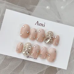 ネイルチップ＊ベイビーブーマー シルバー リボン埋めつくし ガーリーワンホン 韓国 ちゅるんカラー ホワイト ピンク