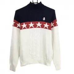 キャロウェイ タートルネックセーター 白×ネイビー×レッド 一部星柄 一部ケーブル編み ニット  レディース L ゴルフウェア Callaway