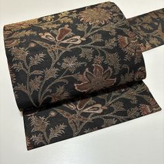★美品　名古屋帯　名入り　花　黒★r055