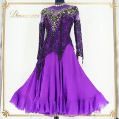 社交ダンス 衣装 スタンダードドレス ドレス ワンピース ミニ丈 紫 パーティ 発表会 長袖 レース 舞台 パープル系 おしゃれ ステージ衣装 ダンスパーティー かわいい エレガントコスチューム パフォーマンス