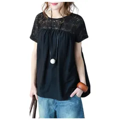 [AQUA Marine] レースTシャツ チュニック レディース 半袖 ゆったり トップス Aライン 大人女子 きれいめ カジュアルコーデ 春夏 20代 30代 40代 白 黒 (JP, アルファベット, M, ブラック) [ブラック] [M]