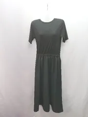 ◇ nano UNIVERSE ラウンドネック リブ風 ウエストゴム ５分袖 ロング丈 ワンピース サイズF ブラック レディース E  【1308290045367】