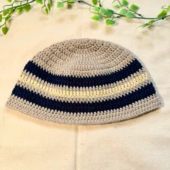 SS-10 春夏用 クラッシャーハット コットン バケットハット 男女兼用 ハンドメイド 手編み  クロシェハット ベージュXネイビーXマスタード