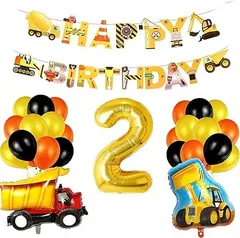 誕生日飾り男の子バースデー 飾り バルーン 働く車 工事 車 面白い 可愛い ケーキトッパー1歳子供 男の子 イエロー オレンジ happy birthday ガーランド バルーン 風船 テープ リボン セット (数字2)