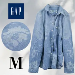 M 【美品】 GAP ギャップ ユーズド加工 ボタニカル 花柄 デニムシャツ 長袖 ライトブルー ブリーチ ユニーク 大きめ Mサイズ コットン100％ 一枚でも羽織でもマルチに使える万能シャツ!! S191