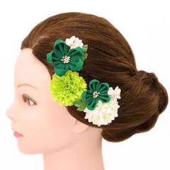 髪飾り 成人式 つまみ細工 振袖 前撮り 袴 浴衣 夏祭り 花火大会 豪華3点セット 緑 黄緑 白 ちりめん ヘアアクセ かんざし ヘ No.9-4191