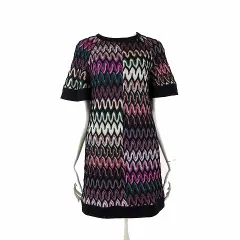 ミッソーニ MISSONI ニット ワンピース ドレス チュニック 半袖 変形 セーラーカラー マルチカラー M 黒 ブラック ラベンダー ピンク 緑 美品 イタリア製