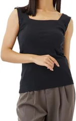 valeria タンクトップ ブラ紐隠し キャミソール 見せない インナー トップス レディース ランニング 女性 カジュアル 服 無地 シンプル スクエア(ブラック,  L)