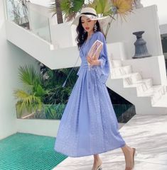 リゾートワンピース ロングワンピース ハワイ 大きいサイズ ゆったり 体型カバー 海外旅行 グアム 海 ロング丈 マキシ丈 ブルー 青