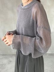 女性用 ルーズフィット ブルー ラウンドネック メッシュオーバーレイ シアーブラウス、春夏