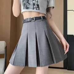 レディース プリーツスカート 膝上 スカート 制服 ボトムス 女の子 ベルト付 Aライン ハイウエスト ジッパー ミニ丈 着痩せ ゆったり 大きいサイズ おしゃれ シンプル 普段着 通学 学生 通勤 春 秋 冬 無地R10127