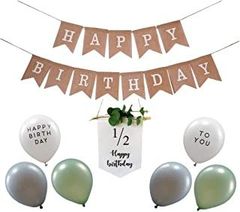 Tidepool ハーフバースデー 誕生日 飾り付け 木製ガーランドセット 1/2 バースデー リネンガーランド 風船 飾り付けセット HAPPY BIRTHDAY 子供 1/2バースデー（8点セット) (グリーンラテ)
