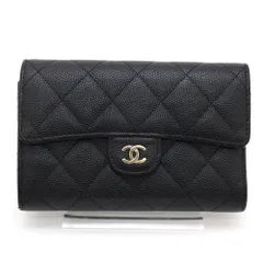 【中古 良品】シャネル CHANEL 三つ折り財布 マトラッセ ミディアム フラップウォレット ココマーク キャビアスキン ブラック イタリア製 黒 レディース レザー 革