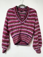 CHANEL シャネル レディース ニット Vネック ボーダー ピンク レッド マルチカラー サイズ：36 22A P72980 K10502 NJ269 美品