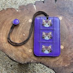パスケース1枚用（パープルに茶トラ猫の刺繍）No.03004-54 ハンドメイド 定期入れ カードケース