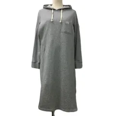 リー LEE Buddy マタニティ ワンピース Iライン ロング 授乳 フード スリット 杢 ロゴ 刺繍 長袖 M グレー 白 ホワイト