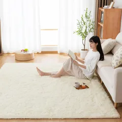 【即納】Softime カーペット ラグ ラグマット シャギーラグ 120×160cm 洗える 滑り止め付き オールシーズン 絨毯 地毯 抗菌 防臭 防ダニ ふわっと手触り リビングマット 床暖房 ホットカーペット対応 長方形 アイボリー