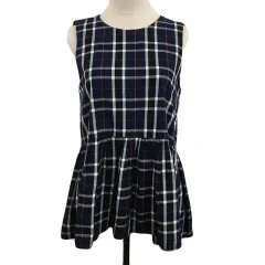 ザラ トラファルック ZARA Trafaluc collection チュニック ラウンドネック チェック リボン ペプラム ノースリーブ USA M 紺 白 ネイビー ホワイト