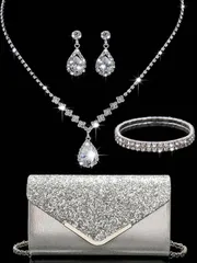 ジュエリー レディース セット 4点セット ラインストーン ジュエリー ネックレス ピアス ブレスレット 女性用 イブニングクラッチバッグ ウェディング パーティー 取り外し可能な金属チェーン付き肩掛けバッグ クラ