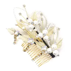 髪飾り コーム型 ラインストーン パール ゴールド 白 下がり ゆらゆら キラキラ ラメ リーフ 葉 小さい かんざし かわいい 粋 No.9-3504