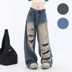 ダメージ バギー デニムパンツ ワイドパンツ ウォッシュ加工