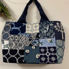 ☆ミナペルホネン ハンドメイド トートバッグ ネイビー系 Lサイズ